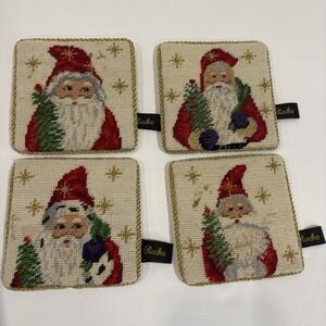 VTG Set of 4 Radko 4" Santa Needlepoint Wool Christmas Coasters Velvet Back